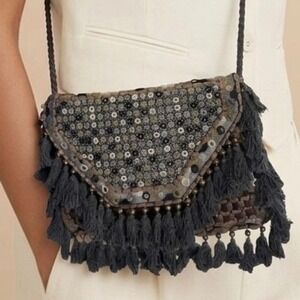 Ibban Maggra Grey Handmade Beaded Mirror Tassel Cotton Crossbody Bag India